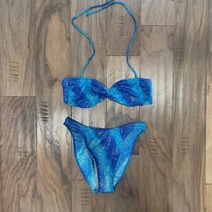 Blue with Silver Metallic, Halter Bandeau Top Bikini